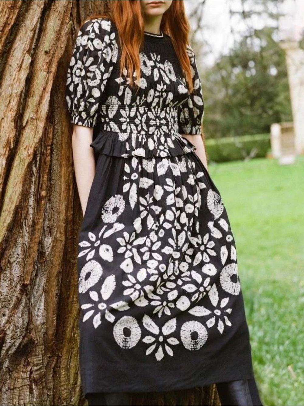 NWT Sea New York Thea Tie Dye Print Puff Sleeve Midi Dress Black Size 2